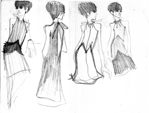 Drawing roughs of original black dress in newspaper clipping above: by Sylvia Ayton